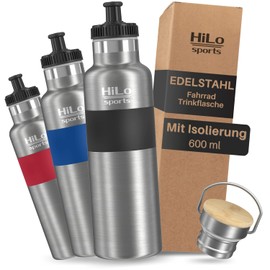 HiLo sports Insulated Drinking Bottle Bicycle Stainless Steel 600 ml - Keeps Warm for 12 Hours and Cold for 24 Hours, Thermal Cycling Bottle - Leak-Proof Metal Bicycle Water Bottle with 2 Closures