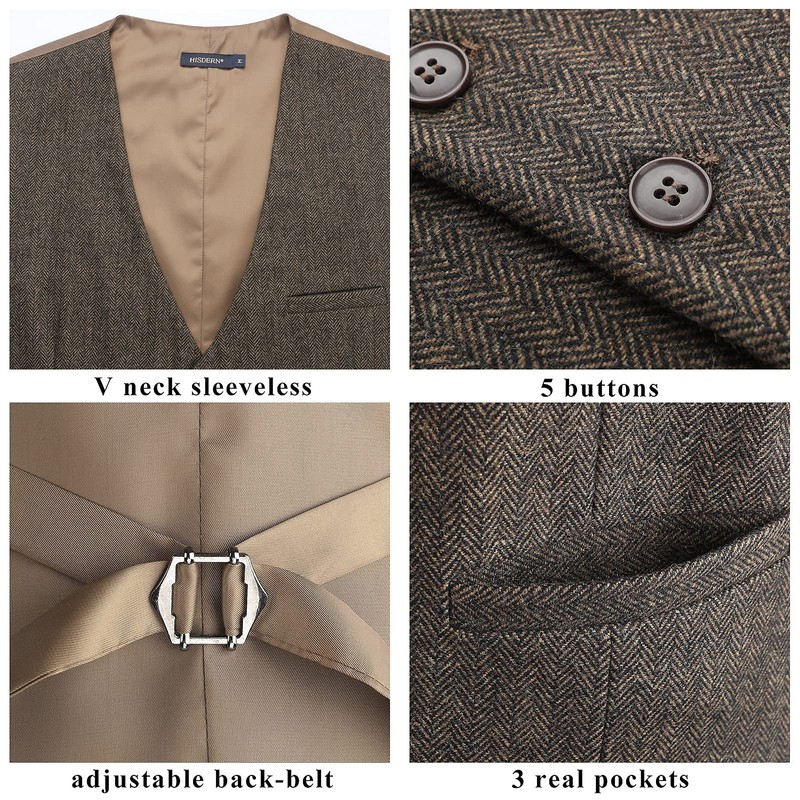 HISDERN Men's Formal Suit Vest Solid Waistcoat for Mens Herringbone