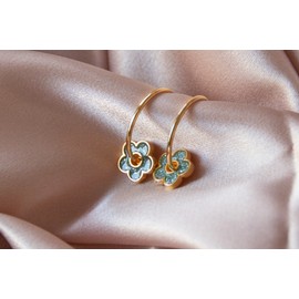 Blue Sparkle Daisy Flower Charm Hoop Earrings with Gold Brass Hoops and Stainless Steel Posts - Cute Floral Jewelry for Women and Teens