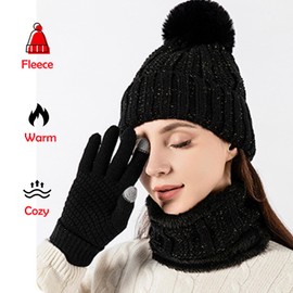 Knitted Hat and Scarf Set 5 PCS Winter Cold Weather Set, Ski Outing Set Plush Ear Warmers Beanie Hat Scarf Touch Screen Gloves Women Thermal Socks for Skiing Outdoor Sports (Black)