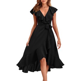 PRETTYGARDEN Women's Summer V Neck Ruffle Wrap Tie Maxi Dress Solid Color Flutter Sleeve Holiday Dresses for Women 2024 (Black,Medium)
