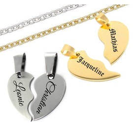 aplusashop ID Partner Pendant Split Heart + Chains + Engraving Gold or Silver Two Heart Parts, Stainless Steel