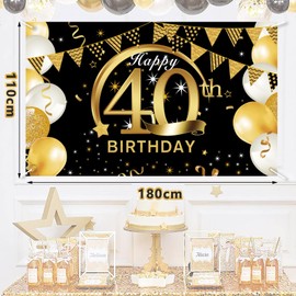 Jiusely 40th Happy Birthday Banner, Black and Gold Birthday Banners 180 x 110 cm, 40th Birthday Party Decorations for Men Women, 40 Birthday Photo Backdrop