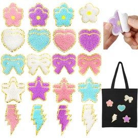 Maxqzin 40 Pcs Self Adhesive Chenille Patches, Cute Patches for Backpacks Iron on Patches for Girls for Clothing Fabric Jackets Jeans Repair Decorations(4 Colors+5 Styles)