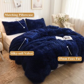 XeGe Plush Shaggy Duvet Cover Set, Luxury Ultra Soft Crystal Velvet Fluffy Bedding Sets 3 Pieces(1 Furry Faux Fur Comforter Cover + 2 Fuzzy Faux Fur Pillowcases), Zipper Closure(King, Navy Blue)