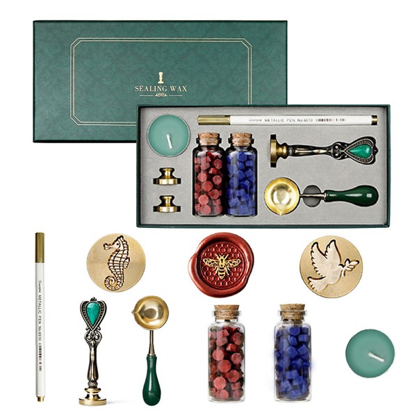 Holzsammlung Wax Seal Stamp Kit, with Removable Seal Stamp + Sealing Wax Beads + Melting Spoon + Painting Pen for Wedding Invitation, Wine Packaging, Gift Wrapping, Greeting Cards