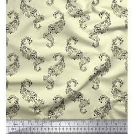 Soimoi Yellow Cotton Duck Fabric Black Sketch Floral & Paisley Print Fabric by Yard 42 Inch Wide