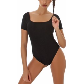 Jela London Women's Square Neck Fine Rib Thin Breathable Stretch Bodycon, black, 34