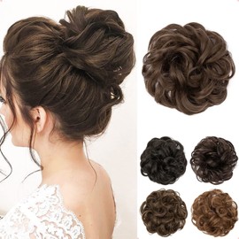 JJstar Bun Hair Piece Large Curly Wavy Hair Scrunchie Natural Hair Fake Elastic for Women and Girls (Medium Brown)