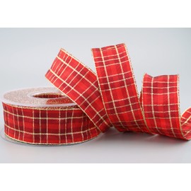 finemark 20 m x 40 mm Checked Christmas Ribbon Red Gold (151) with Lurex Wired Edge Ribbon Decorative Ribbon Gift Ribbon Tartan Shiny Ribbon Gold Edge Wire Ribbon Winter Christmas Check