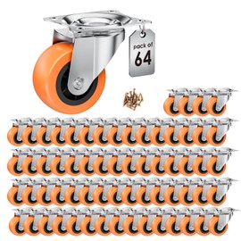 1.5 Inch Casters, ASHGOOB Caster Wheels/Casters Set of 64, 360° Swivel Universal Plate Caster Wheels for Storage Box/Small Furniture/Kitchen Appliances, Orange Polyurethane (PU) Castors (64 Pack)