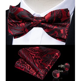 DiBanGu Silk Black and Red Paisley Pre-Tied Bowtie Adjustable Bowtie Festive Bow Tie with Pocket Square Cufflinks Formal for Wedding Tuxedo