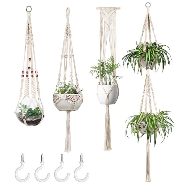 Mkono Macrame Plant Hangers Set of 4 Indoor Hanging Planter Basket Wall Decorative Flower Pot Holder with 4 Hooks for Indoor Outdoor Home Decor Gift Box, Ivory