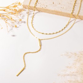 CHESKY Lariat Gold Necklace for Women, Dainty Y Necklace Trendy Long Necklaces 14K Gold Plated Layered Bar Y-Shaped Pendant Necklace Lip Chain Drop Necklaces Simple Gold Jewelry Gift