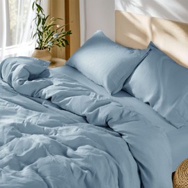 SONORO KATE 100% French Linen Duvet Cover Queen Size, Soft Breathable for Hot Sleepers, Moisture Wicking & Durable Cover Set - Zipper Closure & 4 Corner Ties Duvet Covers 3 Piece (Dusty Blue,Queen)