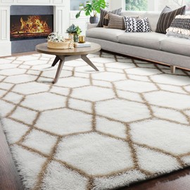 ONASAR Large Geometric Area Rug for Living Room, 7x10 White and Beige Floor Rug, Fluffy Shag Rug for Bedroom, Teen, Nursery, Playroom, Soft Indoor Carpet, Neutral Bohemian Rug, Cute Boho Rug