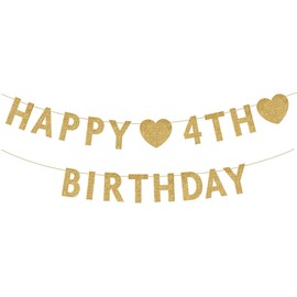 Gold Happy 4th Birthday Banner, Glitter 4 Years Old Boy or Girl Party Decorations, Supplies