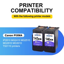 WIZINK Remanufactured for Canon 145 146 XL Ink Cartridge for Canon PG 145 XL CL 146 XL PG-145XL CL-146XL Ink Cartridges Replacement for iP2810 MG2410 MG2510 MG2910 MG3010 printer (1 Black/1 Tri-color)