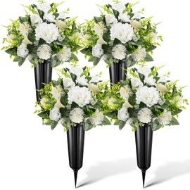 Quzzil 4 Set 8 Pcs Artificial Cemetery Peony Flowers with Vase for Grave White Artificial Peony Bouquet Memorial Day Father's Day Funeral Gravesite Flowers for Outdoor Cemetery Headstones Lawn Yard