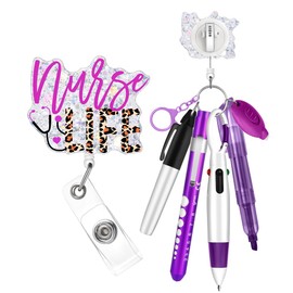 Plifal Nurse Pen Set Badge Reel Holder Accessories Clip - Retractable Mini Nursing Ball Pen Permanent Marker Highlighter Light Penlight Small Flashlight Work Student Office Hospital Nurse
