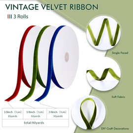 Yilloog 3 Rolls Christmas Velvet Ribbon Single Face Velvet Ribbon Vintage Velvet Ribbon for Christmas Tree Wreaths Gift Wrapping Bows Decoration(3/8 in X 30 Yard,Wine Red, Green, Blue)