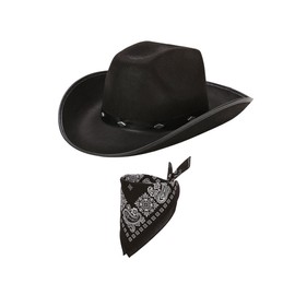 Black Western Cowboy Hat and Bandana for Men, Hen Stag Fancy Dress, Cowgirl Hats, Adult Party Accessories, 56cm