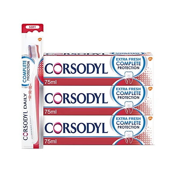 Corsodyl Gum Care Toothpaste and Toothbrush Multipack, Regime Kit (1 x Complete Protection Soft Toothbrush, 3 x Complete Protection Toothpaste Extra Fresh, 75 ml)
