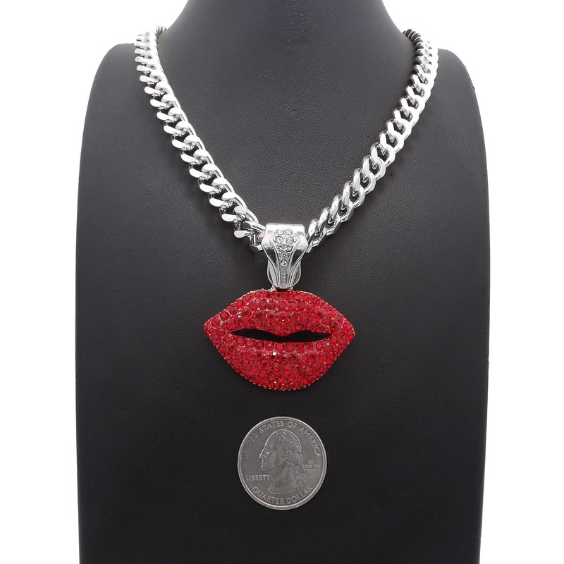 GWOOD Kissing Lips with Red Rhinestones 18 Inch 9mm Cuban