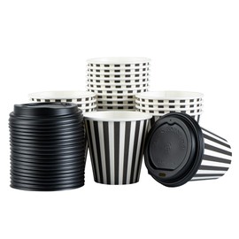 Restaurantware 8 Ounce Disposable Coffee Cups With Lids, 400 Hot Cups With Lids - Sleeves Sold Separately, Single Wall, Black And White Stripe Paper Coffee Cups, For All Kinds Of Beverages