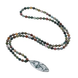 COAI Leaf Pendant108 Mala Beads Faceted Indian Agate Stone Necklace