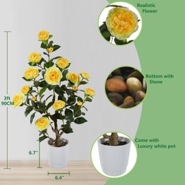 Warmplants Artificial Camellia Tree 3ft, Fake Camellia Plant in White Pot, Faux Camellia Silk Flower Potted Tree for Indoor Outdoor Home Livingroom Office Decor (Yellow)