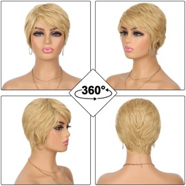 Fereowth Short Wig Human Hair Wigs for Women Natural Pixel Cut Shorts Human Hair Straight Brazilian Hair Layer with Bangs Wigs (27#)