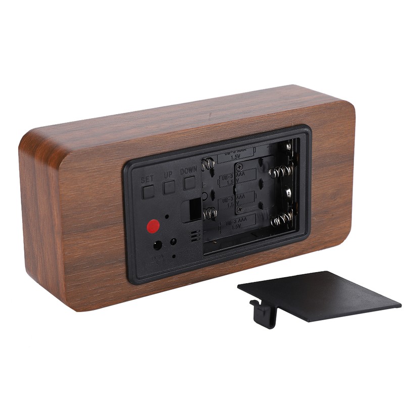Wooden Alarm Clock LED Voice Control Desk Rectangular Brown Wood