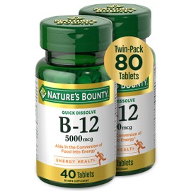 Vitamin B12 by Nature's Bounty, Quick Dissolve Vitamin Supplement, Supports Energy Metabolism and Nervous System Health, 5000mcg, 40 Tablets (Pack of 2)