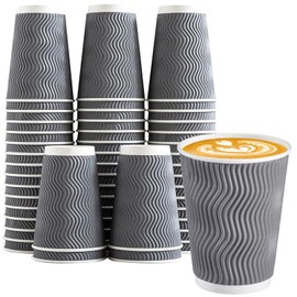 Lamosi 12 oz Insulated Coffee Cups Disposable - 50 Count Grey Paper Coffee Cups No Lids 12oz, Corrugated Ripple Wall Design for Hot Cold Drinks