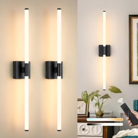 Morauroral 32 Inch Battery Operated Wall Sconces Set of 2, Black Dimmable Rechargeable Wall Sconces with Remote, 3 Color 360° Lighting Sconce, Modern LED Wireless Wall Light for Bedroom, Living Room