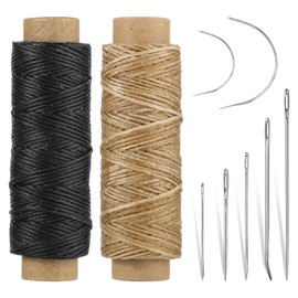 110Yards Waxed Thread with 7 Pcs Leather Needles for Hand Sewing 150D Flat Sewing Waxed Thread Leather Repair Needles for Sewing Upholstery Leather Canvas Bags Sofa Furniture（Black+Khaki）