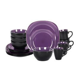 HomeVss, Stoneware Square 16pc Dinnerware Set, Inside Shiny Purple and Outside Matte Black