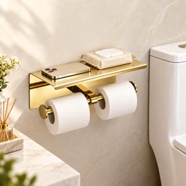 Wall Mounted Double Toilet Paper Holder with Shelf, 304 Stainless Steel Rust-Resistant Tissue Roll Holder for Bathroom