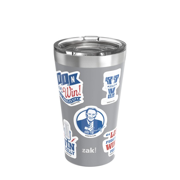 Zak Designs Vin Scully 18/8 Vacuum Insulated Stainless Steel Travel Tumbler 20oz with Press-In Lid and Splash-Proof Design, Includes Vin Scully Vinyl Stickers for Personalized Design, Non BPA