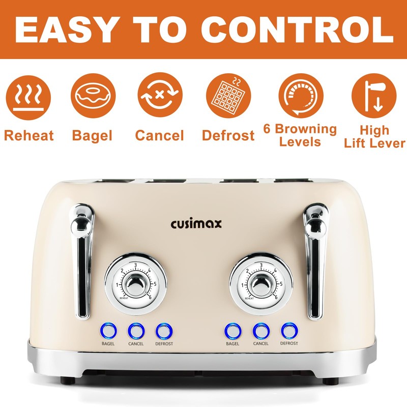 CUSIMAX Toaster 4 Slice, Retro Toaster with Wide Slots for