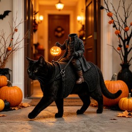 Halloween Headless Horseman Cat Costume for Pet Dress-Up – Adjustable 3D Rider Design for Parties and Photos