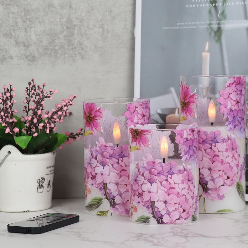 DRomance Pink Hydrangea Glass Flameless Candles with Remote Timer Battery