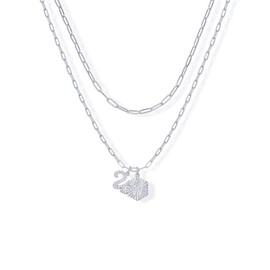 PAVOI Rhodium Plated Initial Letter Pendant Layered Necklace for Women - Alphabet Letter Statement Layering Necklace - Letter W, White Gold, Cubic Zirconia