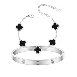 KIOGIU Women's Bracelet Gold Plated Cuff Bangle Clover Bracelet Set for Women Four Leaf Lucky Bracelets Jewelry oval Bangle Witness the Gift of Love (Silver-B, Large 7.2")