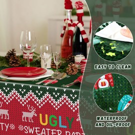 3 Pieces Christmas Ugly Sweater Party Plastic Tablecloth Xmas Disposable Plastic Rectangular Table Covers with Ugly Sweater Elements for Christmas New Year Party Supplies, 108 x 54 Inch