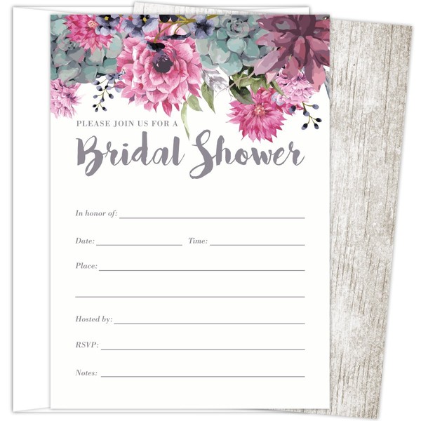 Koko Paper Co Bridal Shower Invitations Set of 25 Cards and Envelopes, Fill-in Style Vintage Rustic Design with Pink, Grey, Blue and Purple Watercolor Florals. Printed on Heavy 140lb Card Stock.