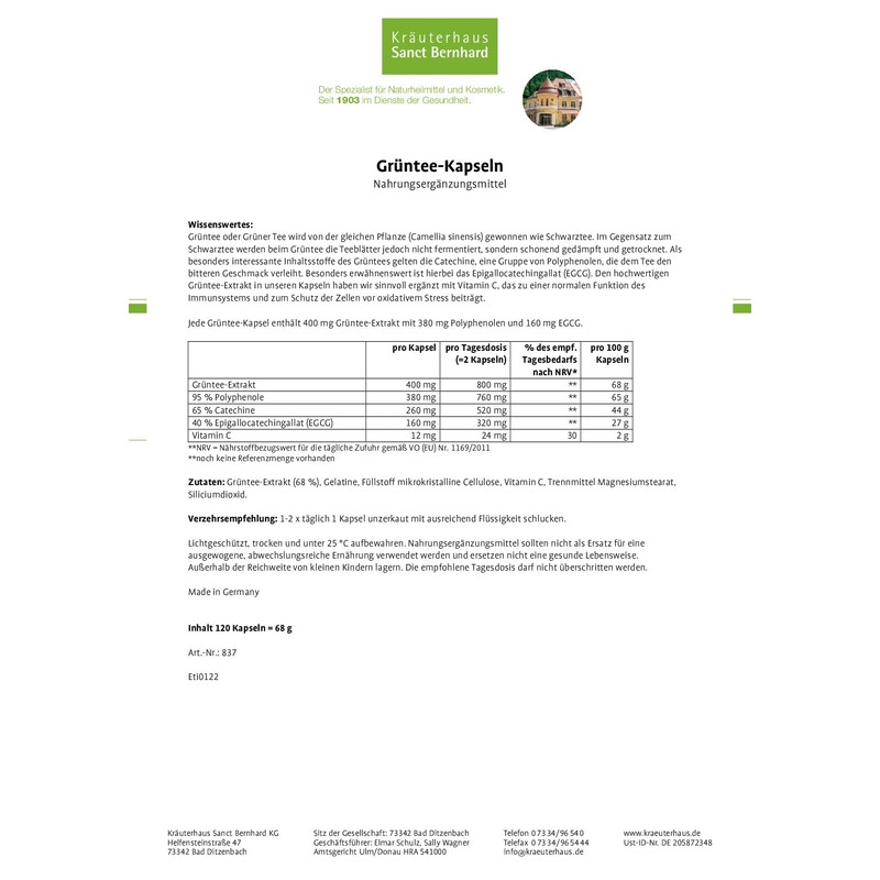 Sanct Bernhard Green Tea 120 Capsules (69g)