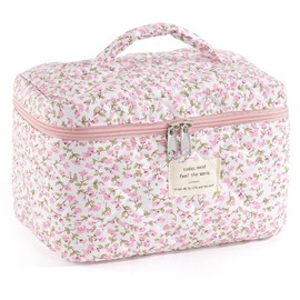 UYUUY Makeup Bag for Women Quilted Cotton Make Up Bag Travel Cosmetic Bag Large Makeup Bag Set Cute Makeup Bag Organizer Floral Toiletry Bag Makeup Pouch for Purse, Pink Floral A-1PCS