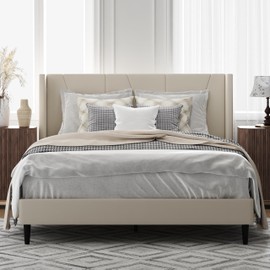 OLALITA Full Size Upholstered Platform Bed, Full Frame with Tufted Headboard, Sturdy Frame Wooden Slats, No Spring Mattress Required, Noiseless, Easy to Assemble, Beige